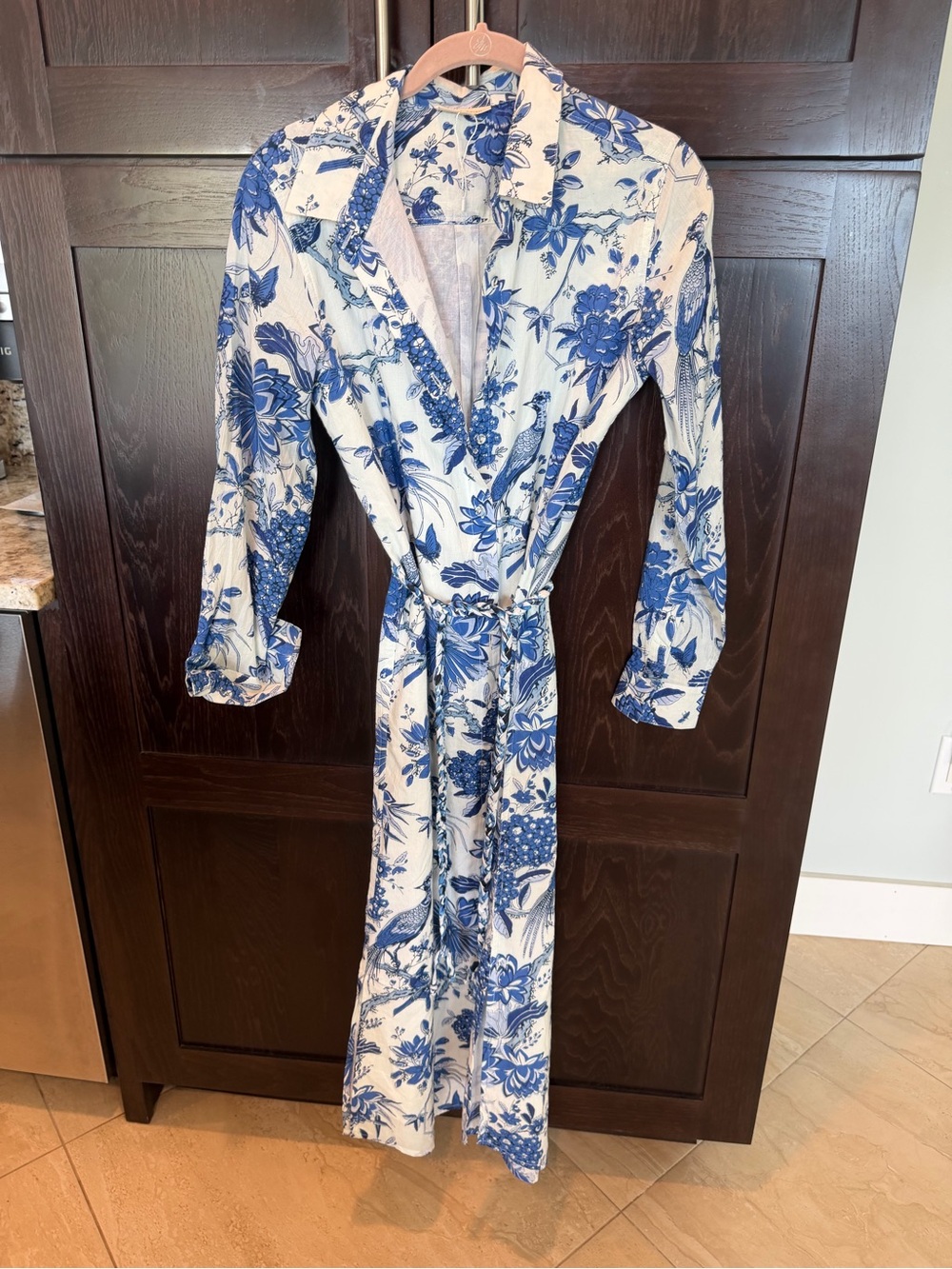 Fitzroy & Willa Russell Blue Toile Bird Cotton Maxi Shirtdress XS